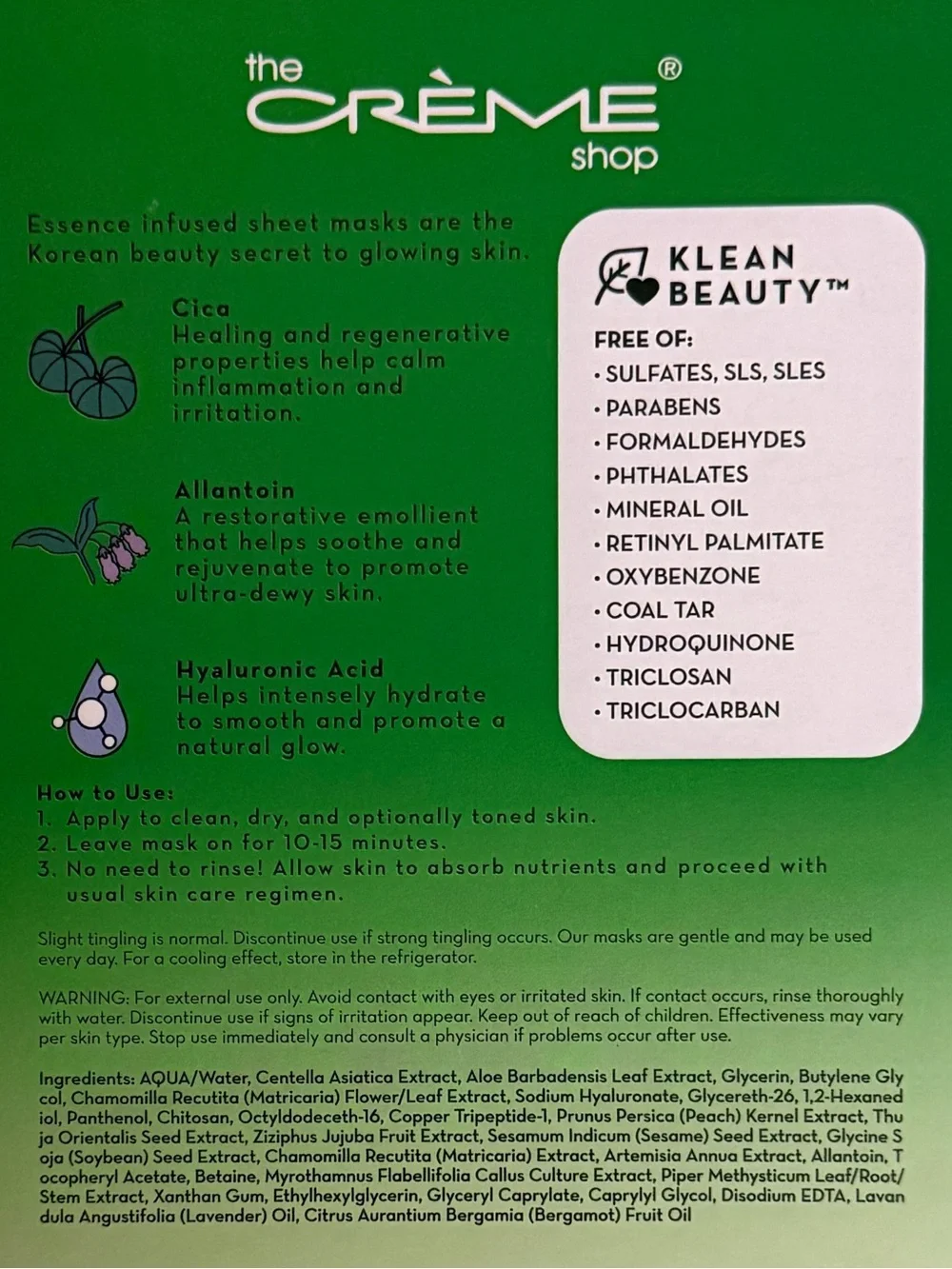 THE CRÈME SHOP Cica-Mend Klean Beauty Essence Sheet Masks 5 Pack Soothes Skin